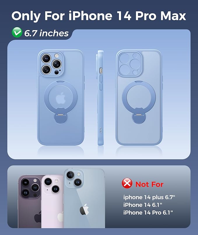 FNTCASE for iPhone 14 Pro-Max Case: [360 Spin Magnetic Stand] [Compatible with Magsafe] [Screen Protector] Translucent Matte Military Grade Shockproof Full Camera Protective Phone Cover - Light Blue