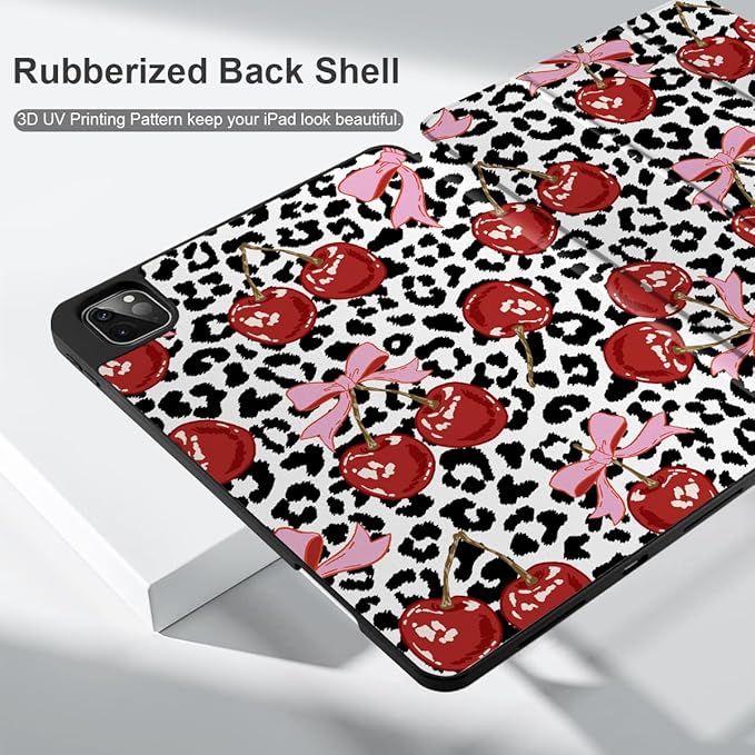 MEEgoodo for iPad Pro 12.9 Case M2 6th/5th/4th/3rd Generation 2022 2021 2020 2018 with Pencil Holder, Tablet Cover with Soft TPU Back Shell, Leopard & Cherry