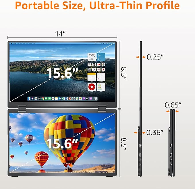 Upperizon Portable Monitor Foldable Dual Screen 15.6 inch FHD 107% sRGB IPS HDMI USB-C Travel Monitor for Laptop Mac PC Windows, DisplayLink Stacked Screen Extender with Kickstand, VESA Compatible