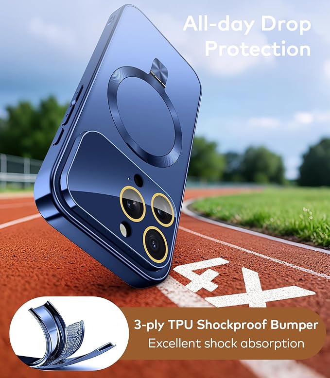TOBOVON Magnetic for iPhone 16 Pro Case with Ring Stand, Fits MagSafe, with Built-in Camera Lens Protector, Slim Electroplated Shockproof Phone Cover, Blue