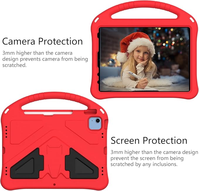 Kids Case for iPad A16 11th/10th Generation 2022/2025 11-Inch iPad Cover with Pencil Holder, Techcircle Lightweight Shockproof EVA Foam Rugged Handle Stand Anti-Slip Grip Protective Case, Red
