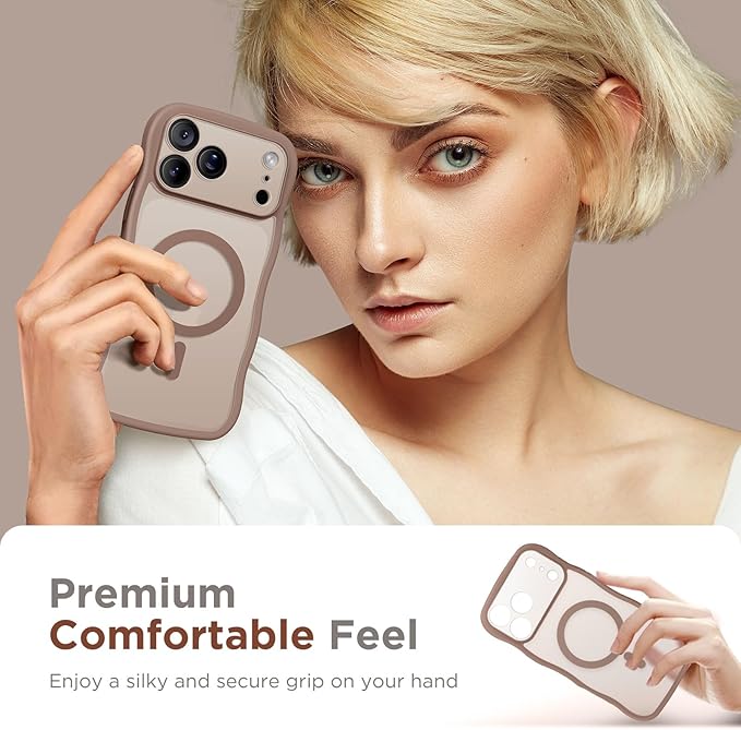 CAPRARO Magnetic for iPhone 17 Pro Case for Women Girls, Upgraded [Full Camera Protection] [Compatible with MagSafe] Cute Wave Translucent Matte Phone Case for iPhone 17 Pro, Clear Brown