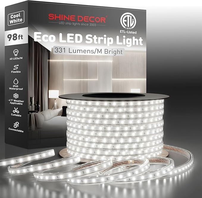 Shine Decor LED Strip Light Easy Connectable, 6000K Cool White Cold Resist Weatherproof Plug-in for Indoor Outdoor, 101 LM/FT Dimmable Bright Eco Rope Lighting 98FT, 120V Whole Set ETL Listed