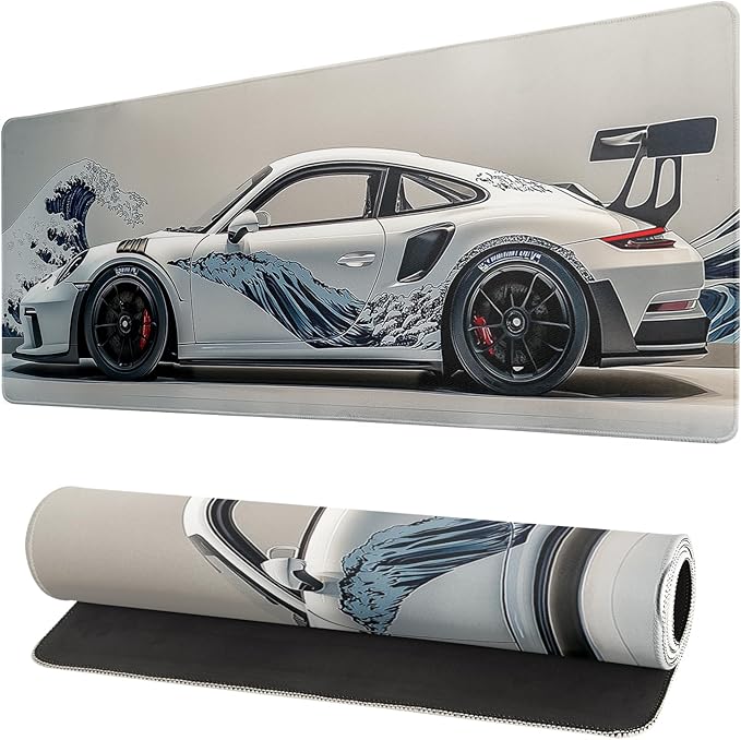 White Ukiyo-e Style Sports Car Large Gaming Mouse Pad Desktop Mat 31.5x11.8 Inch - Non-Slip Rubber Base - for Gamers - Perfect for Gamers & PC Enthusiasts