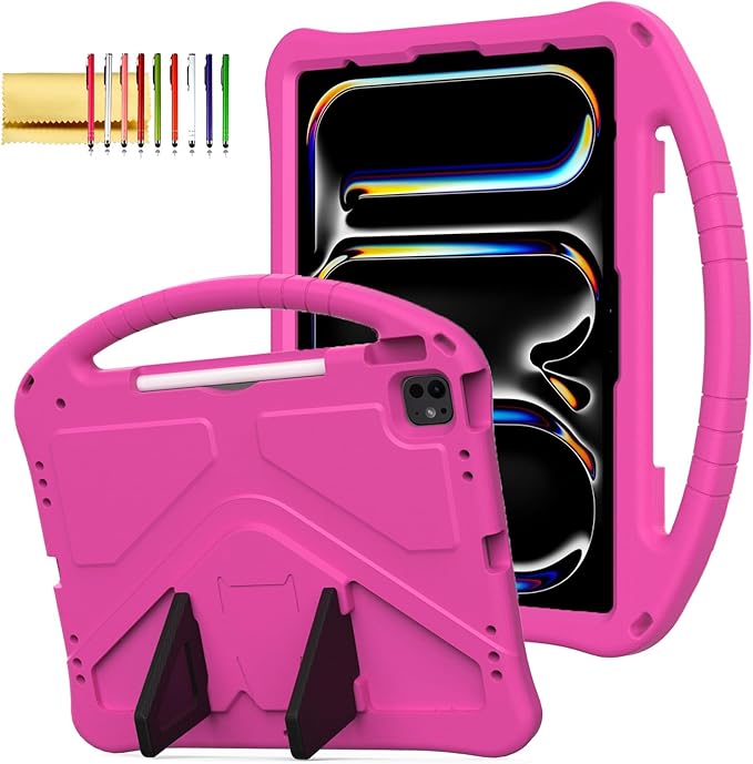 Kids Case for iPad Pro 13" M5 M4/Air 13" 2026 2025 2024, iPad Pro 12.9 2018-2022 Cover with Pencil Holder, Techcircle Lightweight Shockproof EVA Foam Handle Stand Anti-Slip Grip Rugged Case, Rose