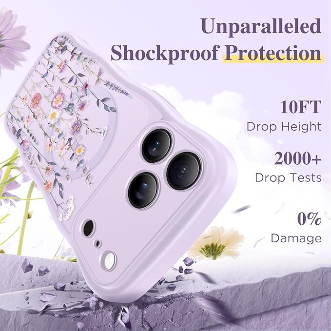 GVIEWIN for iPhone 17 Pro Max Case Compatible with MagSafe [Curly Wave Edge][Full Camera Protection] Floral Translucent Shockproof Magnetic Women Phone Case for 17 Pro Max, Floratopia/Purple