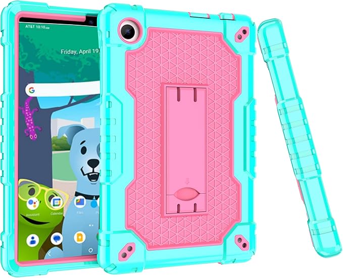Case for for AT&T Amigo Jr. Tab 8 inch Tablet 9136K - with 2PCS Screen Protector,[Built-in Kickstand] Anti Slip Kids Friendly Shockproof Silicone Protective Cover (Green/Pink+2 PCS Glass)