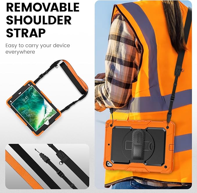 Timecity Case for iPad 6th/5th Generation, for iPad 9.7 Inch Case with Screen Protector Rotating Stand/Hand Strap Full-Body Silicone+PC Durable Protective Case for iPad 5th/6th /Air 2/Pro 9.7- Orange