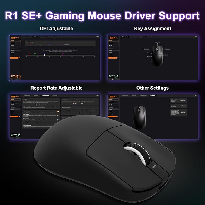 R1 SE+ Gaming Mouse, 18000 DPI, High-Precision PAW3395 SE Sensor,55g Lightweight, Tri-Mode 2.4G/BT5.0/USB-C Wireless Mouse, Programmable Ergonomic Mouse Suitable for Laptops/PC/Mac (Black)