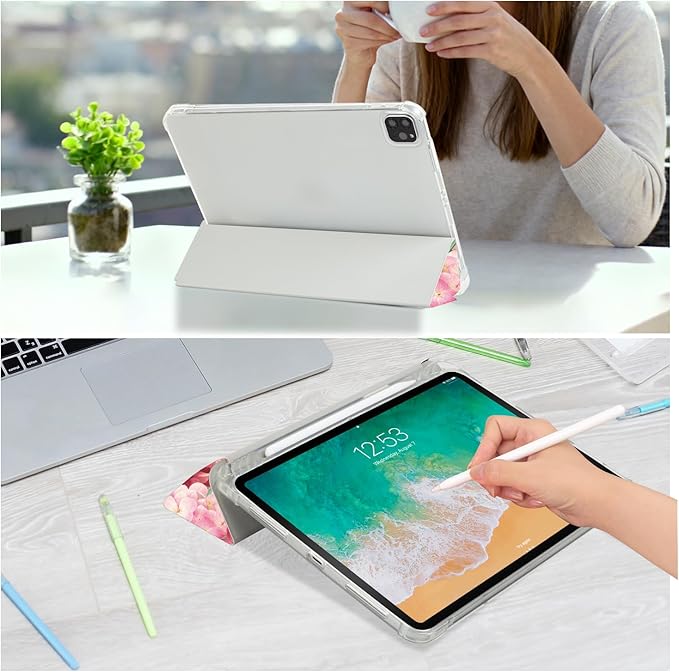 for iPad Air 11 Inch Case M4/M3/M2 2026, for iPad Air 5Th/4Th Gen Cases 10.9-inch,for iPad Pro 11 Inch Case 4Th/3Rd/2Nd/1St Generation Slim Pencil Holder 2 Viewing Stand Typing Stand, Flower