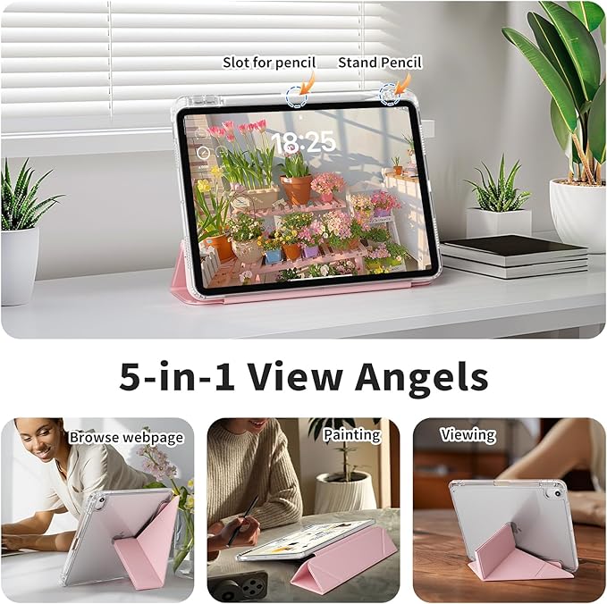 Clear Case for iPad mini 7 A17 Pro 8.3 Inch, iPad mini 7th/6th Generation Case (2024/2021),Slim Shockproof Transparent Back,Y-Shaped Mutil Angles Folding,Supports Pencil Pro&USB-C (Pink)
