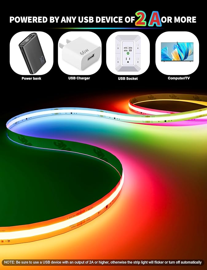 PAUTIX RGB Smart IC COB LED Strip Light USB 5V 6.56ft/2m,Work with Alexa/Google Assistant,Color Chasing UL-Listed Multicolor Flexible Tape LED Strip Light,for Cabinet,TV,Bedroom,Party DIY Decoration
