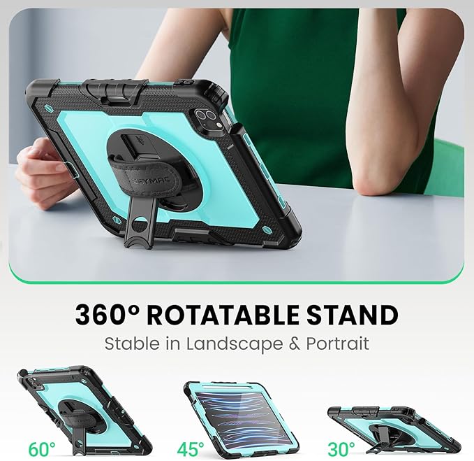 SEYMAC Case for iPad Pro 11 Case 4th/ 3rd/ 2nd/ 1st Gen (2022/2021/2020/2018), Full-Body Shockproof Protective Case with Screen Protector, 360° Rotating Stand and Hand/Shoulder Strap, Sky Blue
