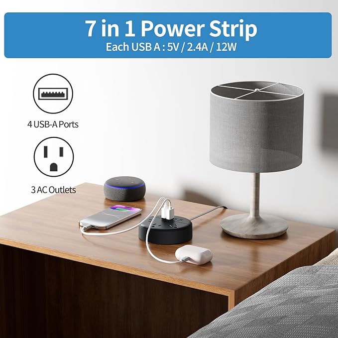 NTONPOWER Flat Extension Cord - 15 ft, Power Strip with 3 Outlets & 4 USB Ports, Ultra Thin Flat Plug, Wall Mount for Home Office & Dorm Room
