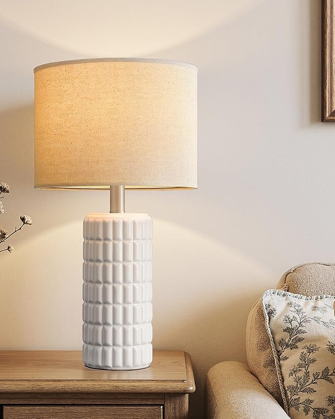 Seealle 23" Modern Ceramic Table Lamps - Table Lamps for Living Room, Farmhouse Bedside Night Stands Lamp for Bedroom, White Boho Nightstand Lamps, Desk Lamp for End Table Home Decor(Single)