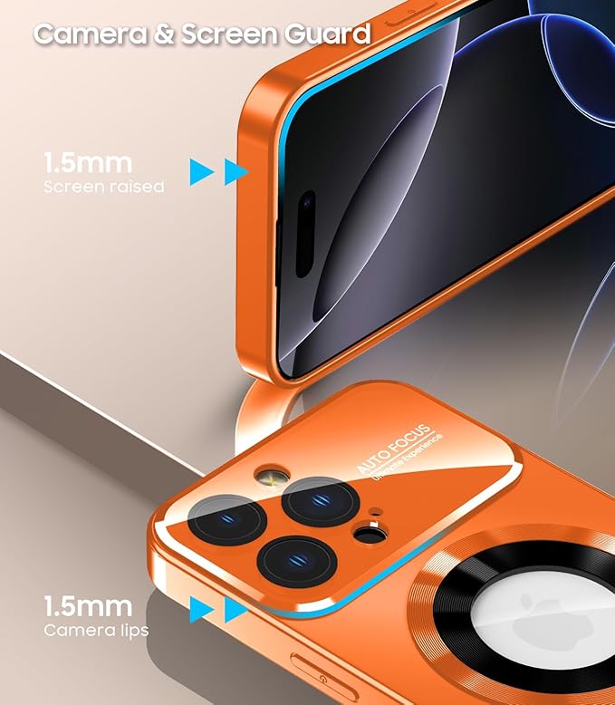 MAKAVO Magnetic for iPhone 16 Pro Max Case, Compatible with MagSafe, Built-in Camera Lens Protector, Logo View, Military Grade Drop Protection Phone Cover, Orange