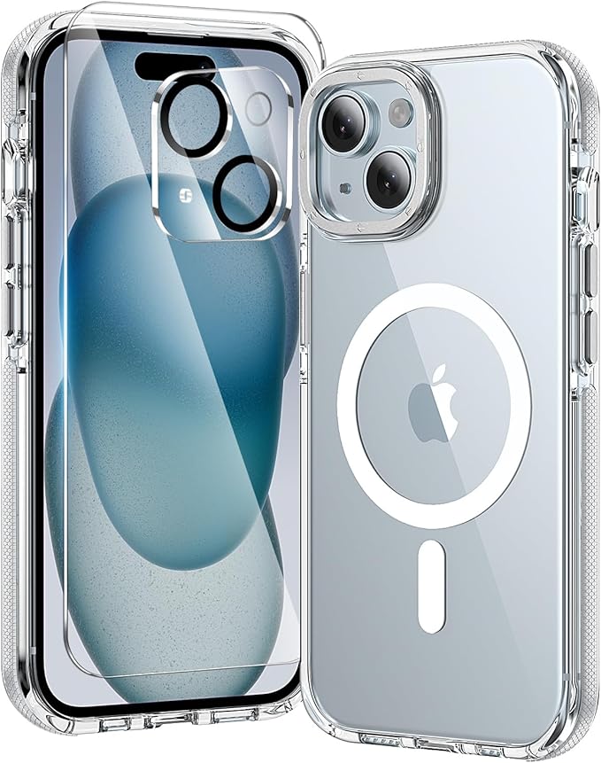 toushion 3 in 1 for iPhone 15 Case Clear with MagSafe, Yellowing-Resistant Acrylic Back, Shockproof Guard Corners, Military-Grade Protection for iPhone 15 Phone Case 6.1 inch Clear Bumper