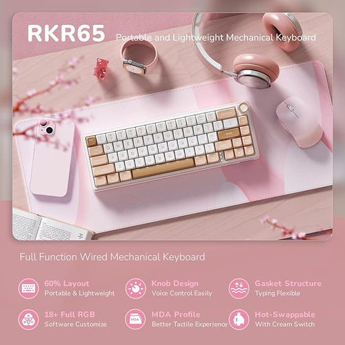 RK ROYAL KLUDGE R65 Wired Mechanical Keyboard with Volume Knob, 60% Percent RGB Backlit Gasket Mount Gaming Keyboard with PBT Keycaps, MDA Profile, QMK/VIA, 66 Keys Hot Swappable Cream Switch, Pink