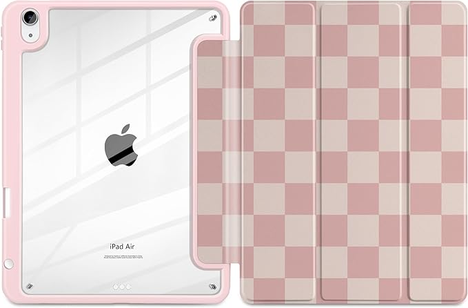 Case for iPad Air 13 inch 2026 M4 2025 M3 2024 M2 Release with Pencil Holder - Aesthetic Cute Preppy Design Trifold Cover with Soft TPU Bumper Clear Back Auto Sleep for Girls Women, Lattice