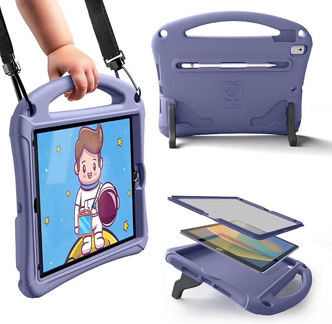 Bam Bino Space Suit iPad 9th Generation Case Kids, iPad 8th/7th/10.2 inch iPad Case for Kids | Lightweight Cover with Screen Protector, Handle, Stand, Shoulder Strap, Pencil Holder (Nebula Violet)