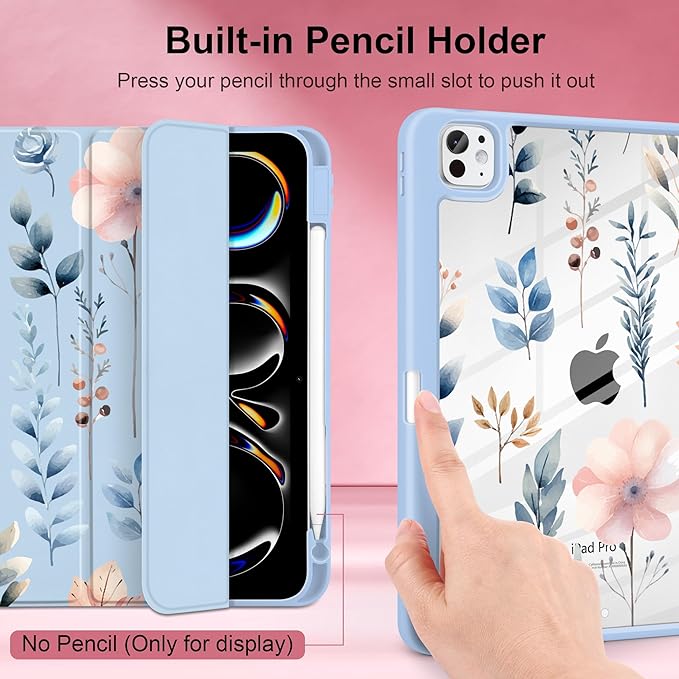 Case for iPad Pro 11 inch (M5) 2025 (M4) 2024 Release Slim Lightweight Cute Light Blue Cover with Clear Back TPU Edge Pencil Holder Trifold Stand, Hand-Drawn Leaves