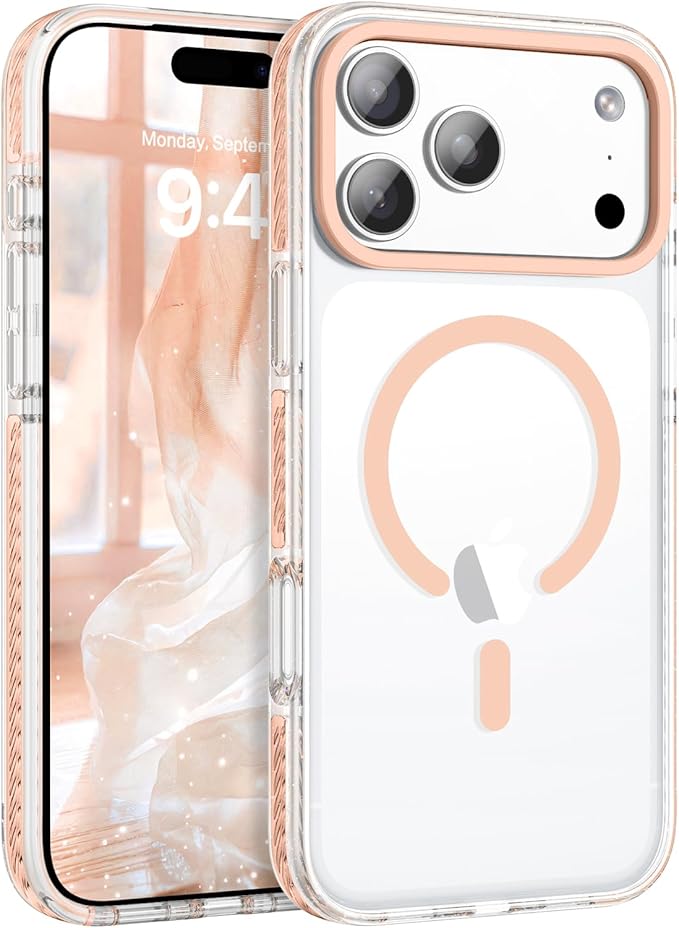 BENTOBEN Magnetic for iPhone 17 Pro Case 6.3", Compatible with Magsafe Military Shockproof Protective Bumper Cute Transparent Slim Anti-Yellowing Phone Case for iPhone 17 Pro Cover,Clear Light Orange