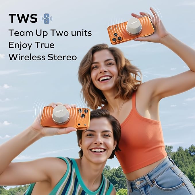 MOMAX Magnetic Portable Bluetooth Speaker, IPX6 Waterproof Mini Shower Speaker, Enhanced Bass, 12H Playtime, TWS Stereo, USB-C Outdoor Speaker, Travel & Gift Ideas, Silver