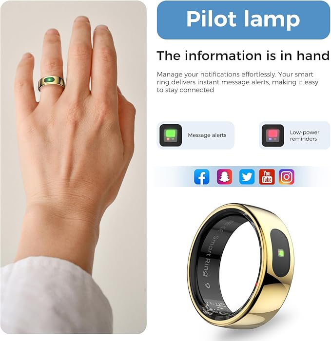 Smart Ring with Instant Notification Alerts & Gesture Control - Sleep Tracker Ring, Fitness Ring for Steps & Heart Rate, IP68 Waterproof (Gold, 10)