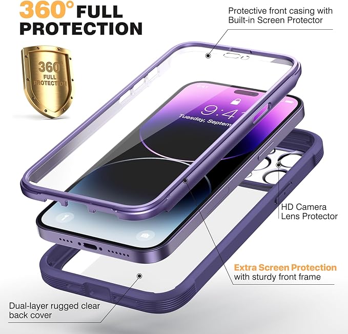 Diaclara Designed for iPhone 14 Pro Case 6.1’’, Full Body Rugged Protective Case+ Camera Lens Protector w/Built-in Touch Sensitive Anti-Scratch Screen Protector, Bumper (Royal Purple)