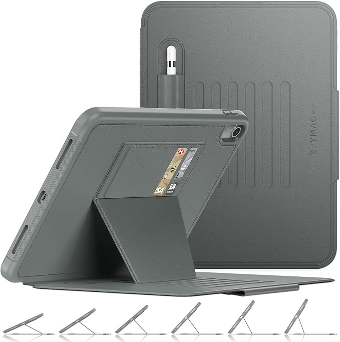 SEYMAC stock Case for iPad (A16) 11th/10th Generation 11''/10.9'', Strong Magnetic Auto Sleep Shockproof Case with Absorbing Multi-Angles Stand, Pen Holder, Card Slot (Gray)