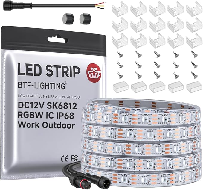 BTF-LIGHTING SK6812(Similar WS2812B) RGBW RGB+Cool White(6000K) Individually Addressable DC12V 16.4FT 60LED/m 4 Colors in 1 Light Dream LED Strip IP68 White PCB(No Adapter or Controller)