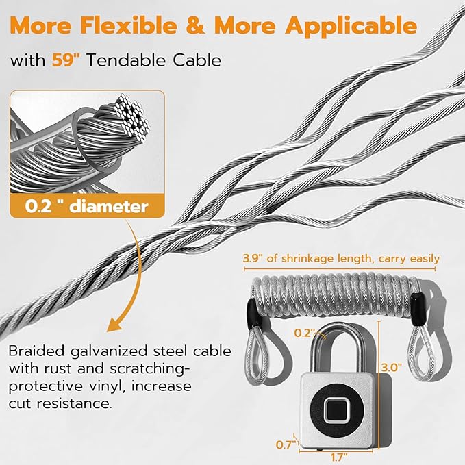 Pothunder Fingerprint Padlock, Fingerprint Lock with APP, Padlock with Steel Cable Keyless Biometric, Waterproof Suitable for Gym, Locker, Helmet, Gate, Fence, Luggage