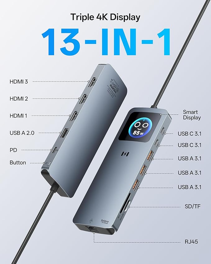 USB C Docking Station 3 HDMI, Selore 13-in-1 Laptop Docking Station with Triple 4K HDMI, Smart Display, 2.5G Ethernet, 100W PD, 10Gbps USB A/C 3.1, SD/microSD Card Reader for Dell/HP/Lenovo Laptops