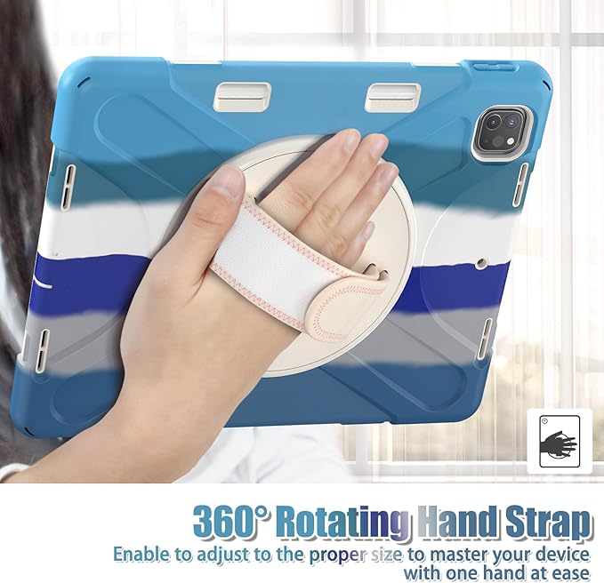 Batianda Case for iPad Pro 13-inch 2025 M5 2024 M4 Chip Heavy Duty Rugged Durability Silicone Tablet Cover with 360° Rotating Hand Strap Foldable Hidden Stand & Shoulder Strap, Colorful Blue