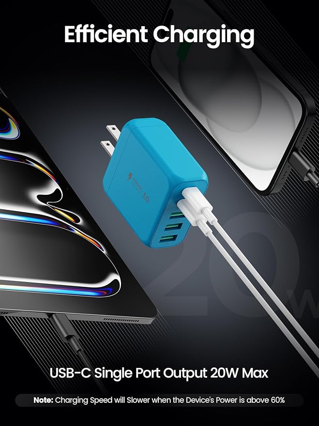 EIZLXQ USB C Charger Block, [2-Pack] Type C Charger Fast Charging,50W 5-Port USB Wall Charger Multiport Type C Charging Block Cube for iPhone 17/16/15/14/13/12/11 Pro Max XS,iPad,Samsung&More-Blue