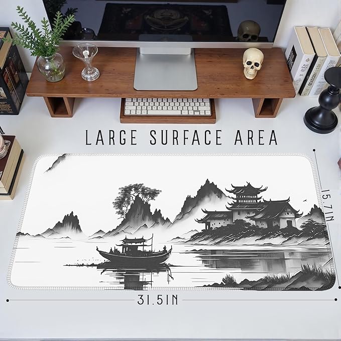Chinoiserie Mouse Pad Black White Large Ink Painting Desk Mat Landscape XXL Large Gaming Mouse Mat for Office,Computer,Keyboard,Laptop and Home Desk Mat 31.5 X 15.7inch