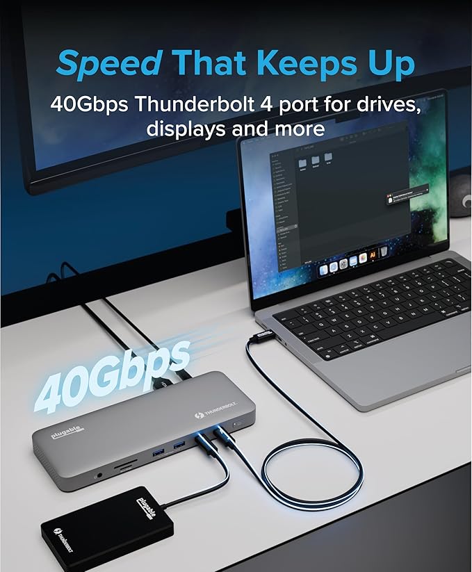 Plugable Thunderbolt 4 Dock for M4/M5 MacBook Air & Pro: 100W Charging Driverless Laptop Docking Station with 4K HDMI Dual Monitor or Single 6K, 6X USB, SD, Ethernet, Thunderbolt Certified (TBT-UDM)