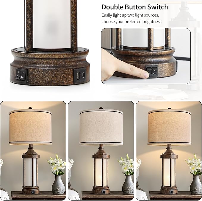 G-SAFAVA 25'' Table Lamp for Living Room Bedroom Farmhouse Metal Lamps with 2 USB Ports, Built-in Frosted Glass Night Light Vintage Industrial Nightstand Bedside End Lamp, 2 Bulbs Included, Bronze