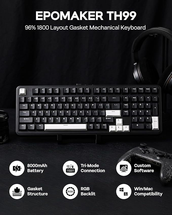 EPOMAKER TH99 Tri-Mode Wireless Mechanical Keyboard with 8000mAh Battery, Hot Swappable Custom RGB Gaming Keyboard with Numpad, Gasket Creamy for PC/Mac/Office (Black, Creamy Jade)