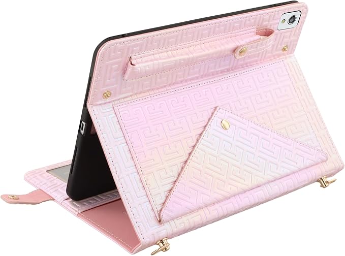 Shiny Case for iPad 6th/5th Gen 9.7 Inch (2018/2017), iPad Pro 9.7"/Air 2, Techcircle Crossbody Iridescent Folio Stand Multi-Pocket Wallet Case with Pencil Holder+Hand/Shoulder Strap, Shiny Pale Pink