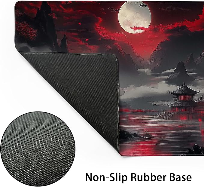 Japanese Mouse Pad Large Riverside Full Moon Desk Mat Black Red Mouse Pad Gaming 35.4"x15.7" Long Keyboard Pad Mouse Mat with Stitched Edges Non-Slip Base Computer Pc Desk Pad for Office Work Home