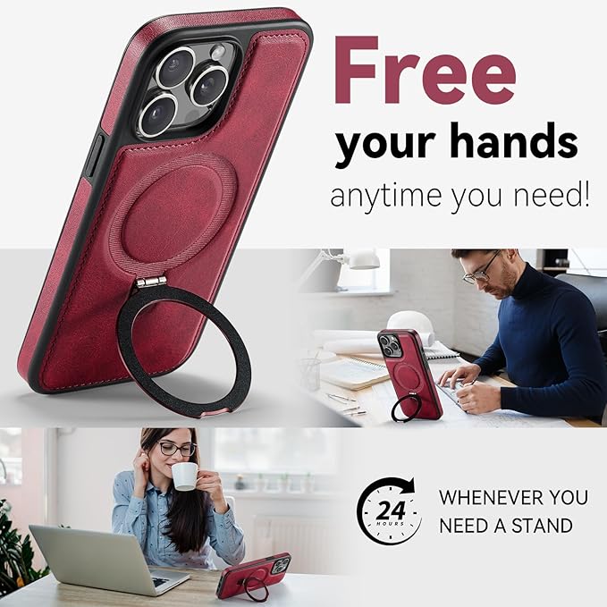 Compatible with iPhone 15 Pro Case with Stand, Compatible with MagSafe, Slim PU Leather & Durable TPU Protective Cover Drop-Proof with Tempered Glass Screen Protector 6.1", Red