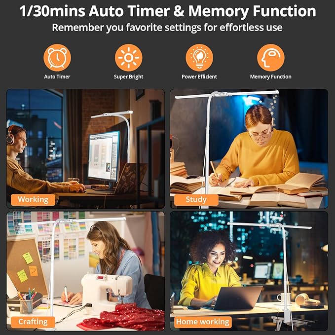 Woputne Desk Lamp with Clamp, with 5V 2A Adapter, LED Desk Lamp with Dual Head, 50 Light Modes, Computer Monitor Flexible Neck Lamp, Eye Protection Desk Lamps for Study, Office, Crafts, Draw(White)