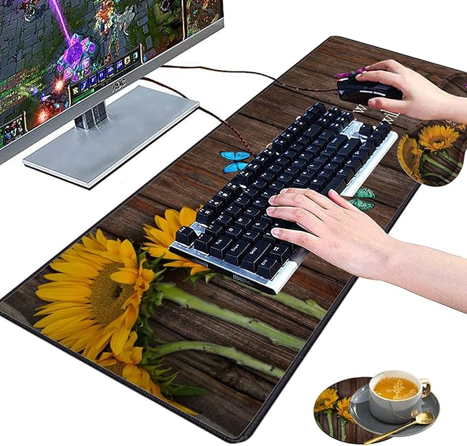 3 Piece Mouse Pad Set with Stitched Edge Large Anti-Slip Mouse Pad Desk Pad Keyboard Pad + Wrist Rest Pad + Coaster, Memory Foam Wrist Rest for Office/Home - Psalm 46:5 Sunflower