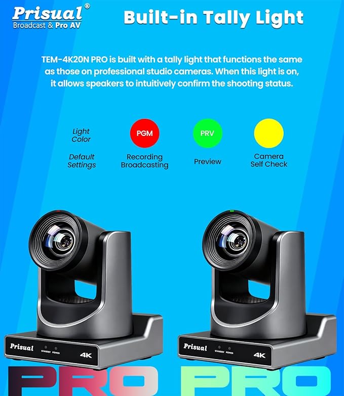 Prisual Ultra 4K PRO NDI PTZ Camera Gen 5, SDI HDMI USB IP with 20x Optical Zoom 1/1.8" UHD CMOS 8.42MP, 4K 60fps AI Auto-Tracking PTZ Camera with Tally Light (Official NDI Certified) TEM-4K20N PRO