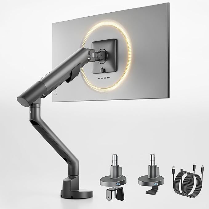 monTEK Single Monitor Arm with USB for 17-40 Inch Screens, Up to 26.4 lbs, Heavy Duty Monitor Mount with VESA Mount, Full Motion Adjustment Monitor Stand C-Clamp/Grommet Base,VESA 75/100mm, Gray