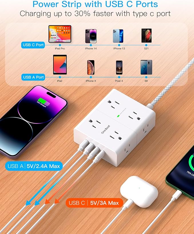 10 Ft Flat Plug Extension Cord with Multiple Outlets, Surge Protector Power Strip 10 Ft Long Cord, 8 Outlet 4 USB Ports (2 USB C), Multi Outlet Wall Plug for Office, College, Dorm Room Essentials