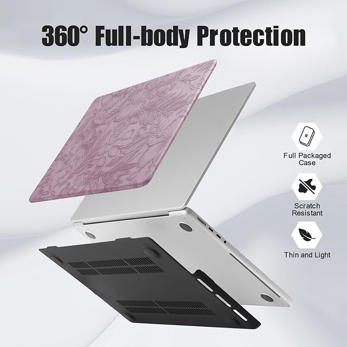 DTangLsm for MacBook Pro 13 inch Case M2 2025 2024-2016 A2338 M1 A2289 A2251 A2159 A1989 A1706 A1708, Elegant Retro Leather Hard Shell Cover for MacBook Pro Case + Keyboard Cover,Lilac Embossed Floral