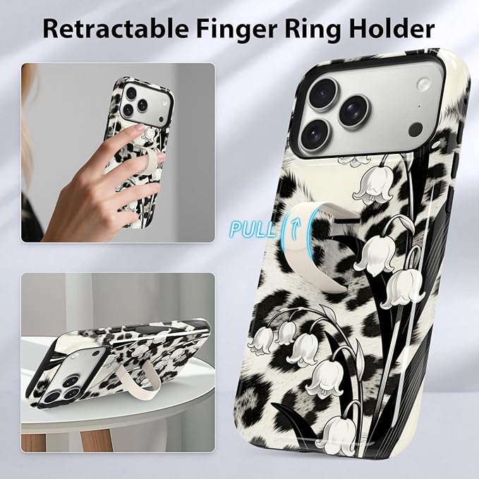 KANGHAR Compatible with iPhone 17 Pro Max Case, Support for MagSafe, Silicone Leopard Flower Cool Pattern, Wristband Kickstand Camera Protection Soft Slim Phone Case for Girls Women -Black