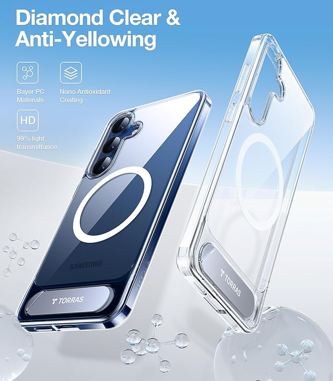 TORRAS Strong Magnetic & Seamless Stand for Samsung Galaxy S25 Case, Fit for MagSafe, Mil-Grade Drop Protection, Adjustable Kickstand for Samsung Galaxy S25 Case, Anti-Yellowing Diamond Clear